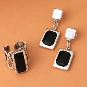 Silver Plated Jewelry Set with Black Baugette Stone Adjustable